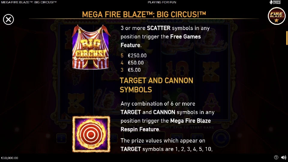 Tabla de pagos abierta dentro de Mega Fire Blaze: Big Circus